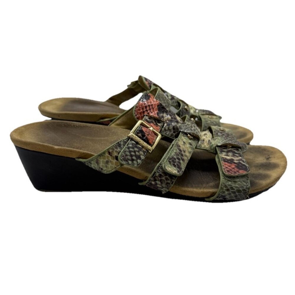 Vionic Radia Orthoic Mint Green Coral Snake Print Wedge Sandal Sz 8 Triple Strap